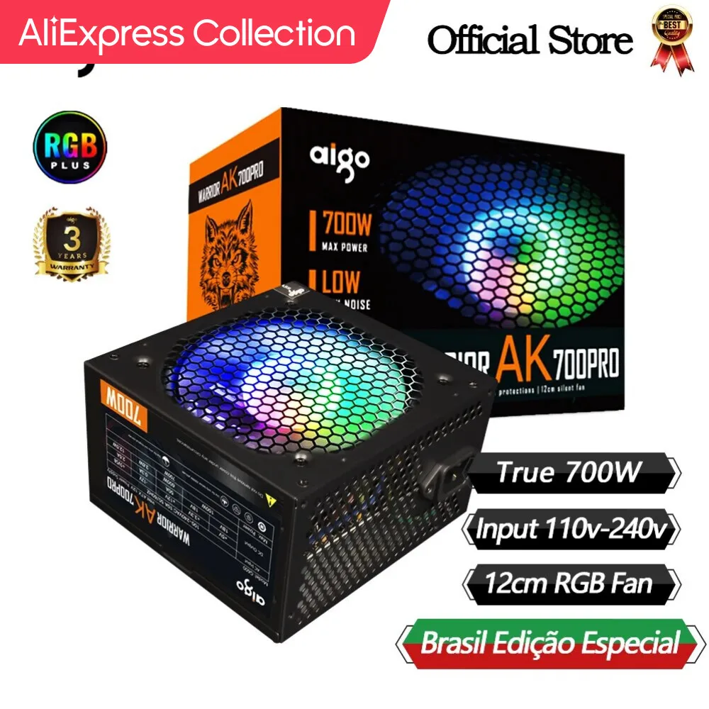 Aliexpress Collection Aigo Ak700Pro 700W Pc Psu Alimentatore Nero Gaming Silenzioso 120Mm Rgb Fan 110V 220V Atx Desktop