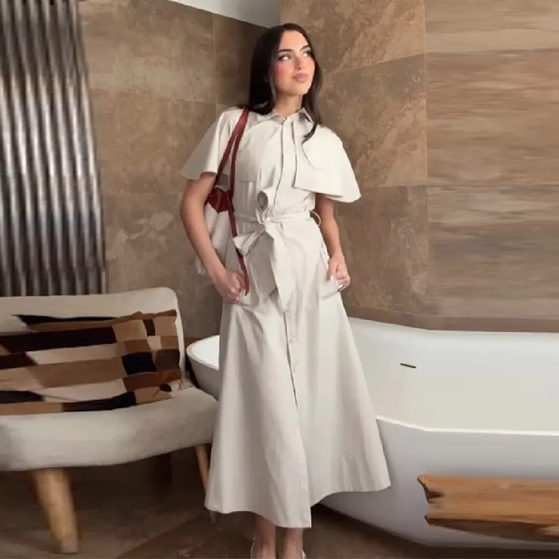 Damen Trenchcoat-Stil Hemdkleid Einfarbig Cape-Ärmel Taillengürtel Knopfleiste Midi-Rock Lässig Schick Tägliches Büro-Outfit Neu