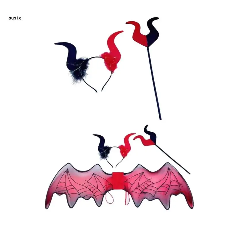 

X7YA 2/3Pcs Horn Headband Red Pitchforks Bat Wing Halloween Demons Costumes Cosplay