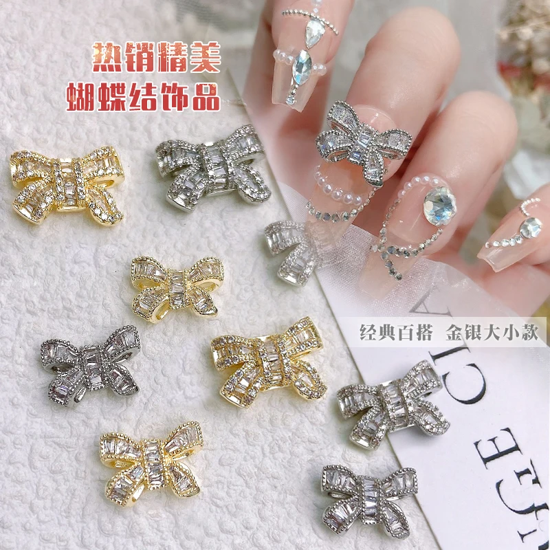 

10pcs/Lot Luxury Crystal Bowknot Shaped Nail Charms Metal Alloy 3D Bow Nail Rhinestone Diamond Jewelry DIY Manicure Accessories