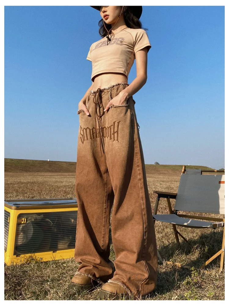 HOUZHOU Vintage Brown Jeans Women Y2k Grunge Baggy High Waist Denim Trousers Hippie American Retro 90s Street Style Cargo Jeans