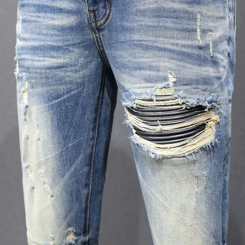 Street Fashion Men Jeans Retro Washed Blue Stretch Skinny Ripped Jeans Men Leather Patched Designer Hip Hop Brand Pants Hombre