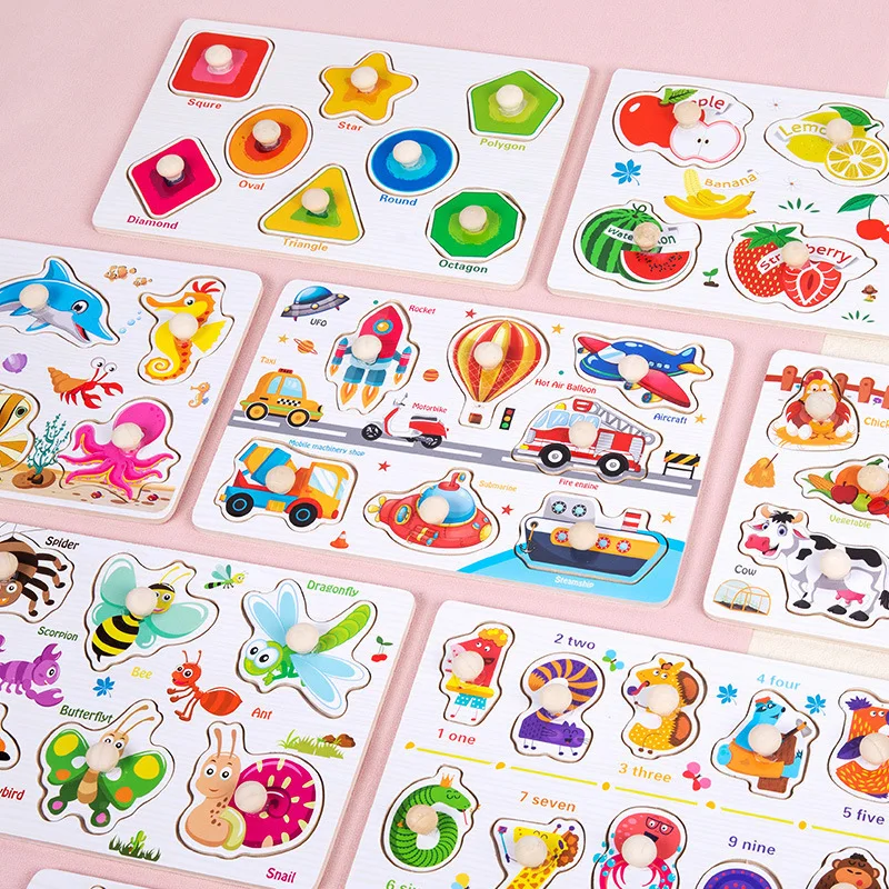 Montessori Early Education Hand Grab Board Puzzle Numbers Shape Blocks For 1-2 Years old Baby Intellectual Matching Inset Toys