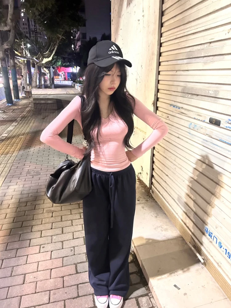 American Sle Sexy Girl V-ne Pink Long Sve T-irt Women's Autumn Elastic Slimming Sexy Underwear Base Top