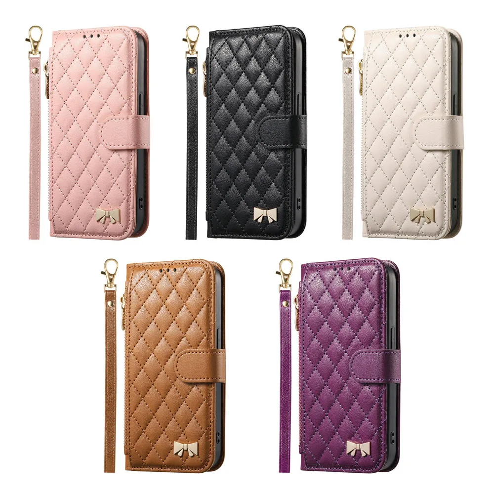 Luxury Leather Flip Case with Zip Wallet and Lanyard Wrist Strap
