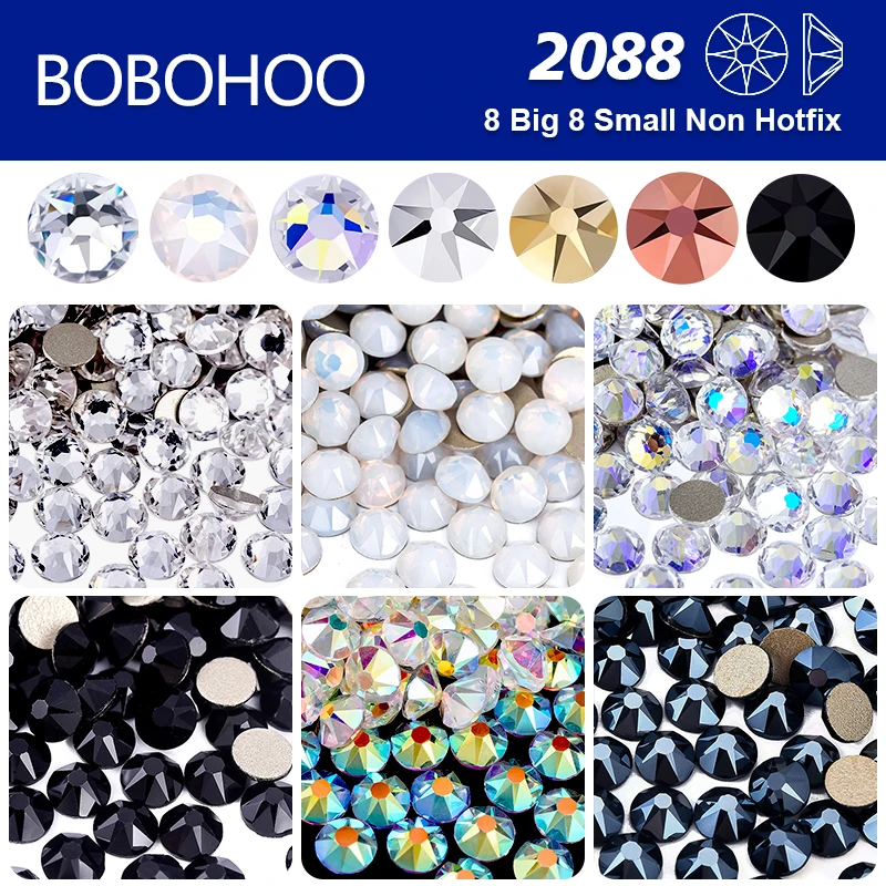 BOBOHOO 2088 Nicht-Heißfix Schwarze und Weiße Glasrhinestones Kristall Flachboden 8 Große 8 Kleine 16-Schliff Strass für Nägel, Kleidung, Schuhe, Taschen
