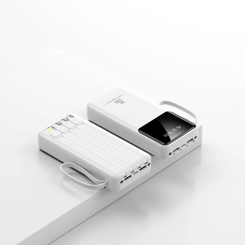 Banque d'alimentation Mobile Portable 20000mAh, vente en gros transfrontalière, grande capacité, livré avec câble de chargement, livré avec 4 lignes
