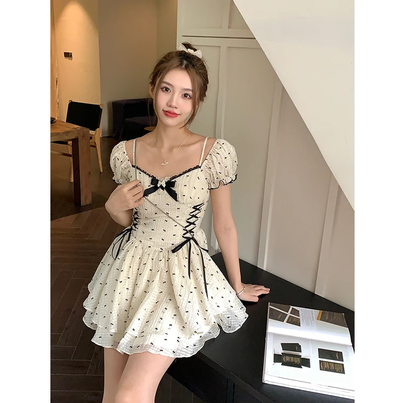Summer Korean Fashion Lace Fairy Dress Women Square Collar