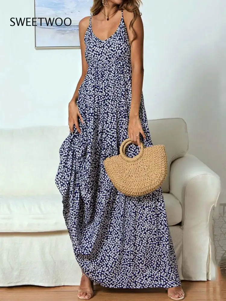 

Summer Boho Maxi Dress Women Viscose Party Long Floral Dress Bohemian Spaghetti Strap V Neck A Line Flower Dresses For Women