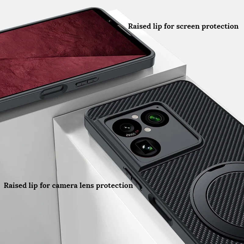 Carbon Fiber Texture Magnetic Case with 360° Rotatable Ring Kickstand - Shockproof and Anti-Slip Protective PU Leather