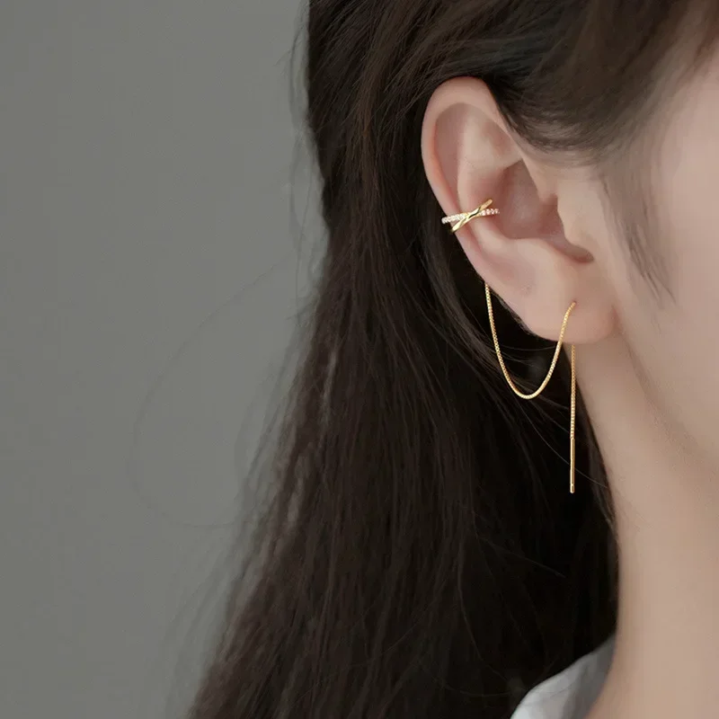 Silver Color Crystal Tassel Non-Piercing Cuff Ear Clip Earring for Women Shiny Rhinestone Chain Fake Cartilage Piercing Jewelry ear clip earrings clip earrings ear clip ear accessories