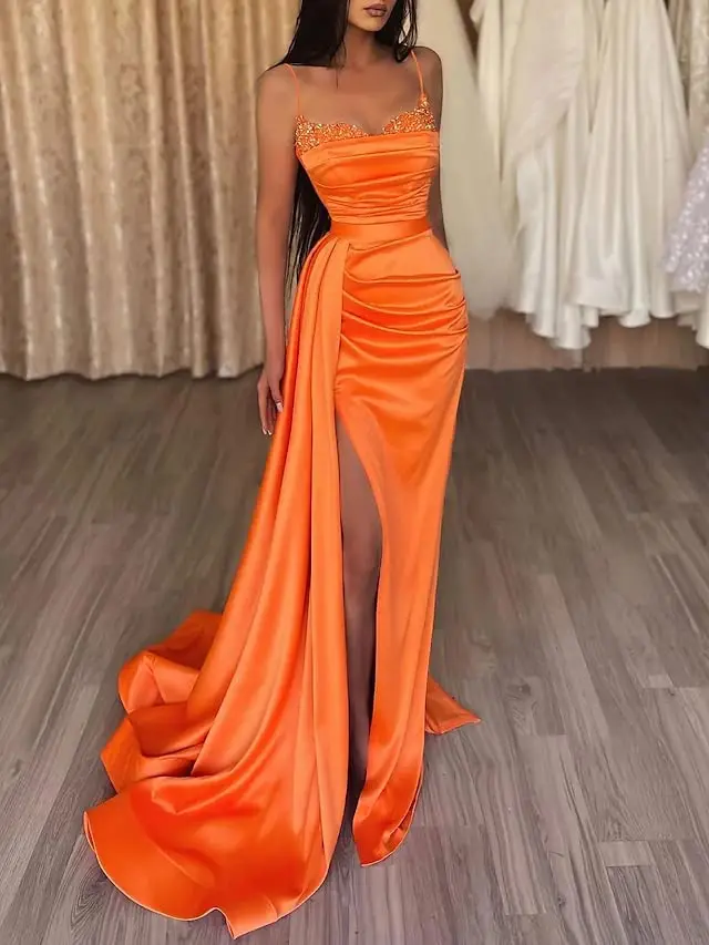 

Orange Evening Dresses Long Beaded Sequined Mermaid Spaghetti Straps Pleats High Slit Stretchy Satin Prom Gowns Formal Party