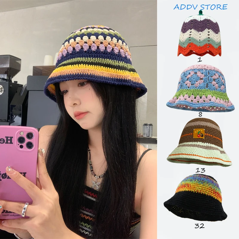 

INS Retro Hollow Cherry Handmade Knitted Flower Strip Fisherman Hats for Women Spring Summer Sweet Casual Bucket Bob Cap Gorras