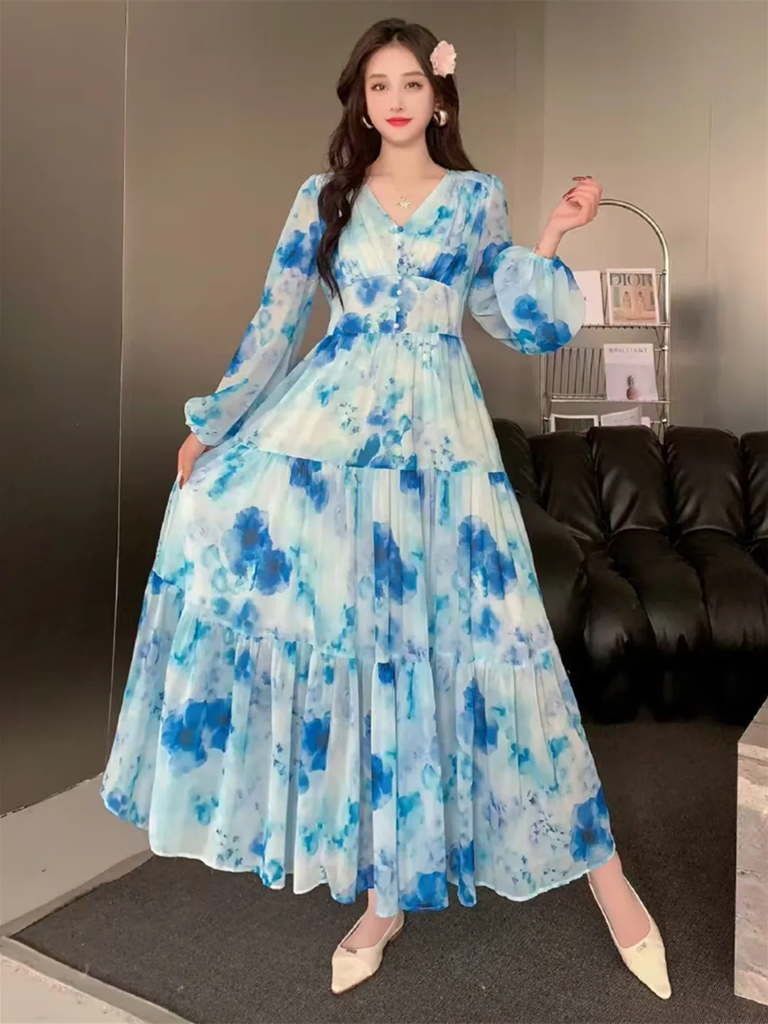 2025 New Spring Autumn Women V-Neck Long Sleeve Slim Long Dress High  Quality Fashion Tie Dye Print Big Hem Chiffon Dress - AliExpress 200000345