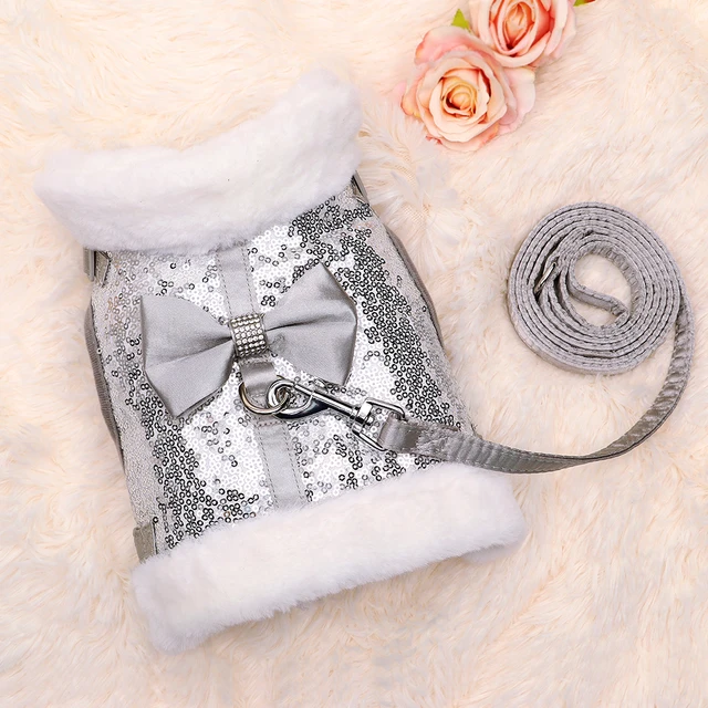 Winter Dog Harness Leash Set Warm Puppy Cat Harnesses With Fur Collar Bling Sequines Pet Vests For Dogs Cats Bowknot Accessories 4