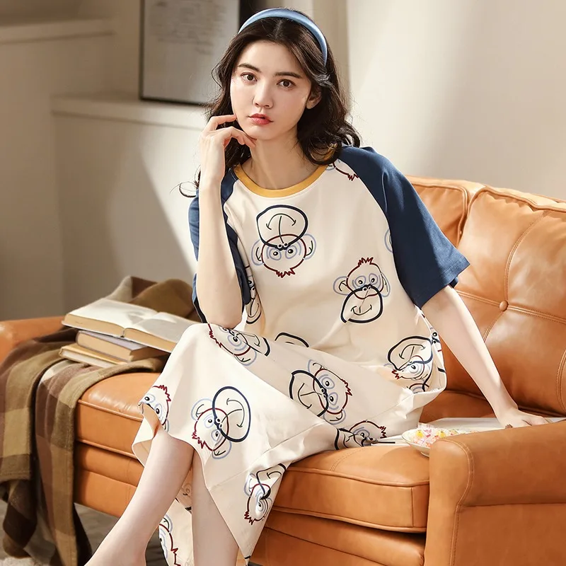 Casual Night Dress Women's Sleepwear Pijama Female Cartoon Nightdress Homewear Cotton Nightgowns Short-Sleeved XXXL Sleepshirts