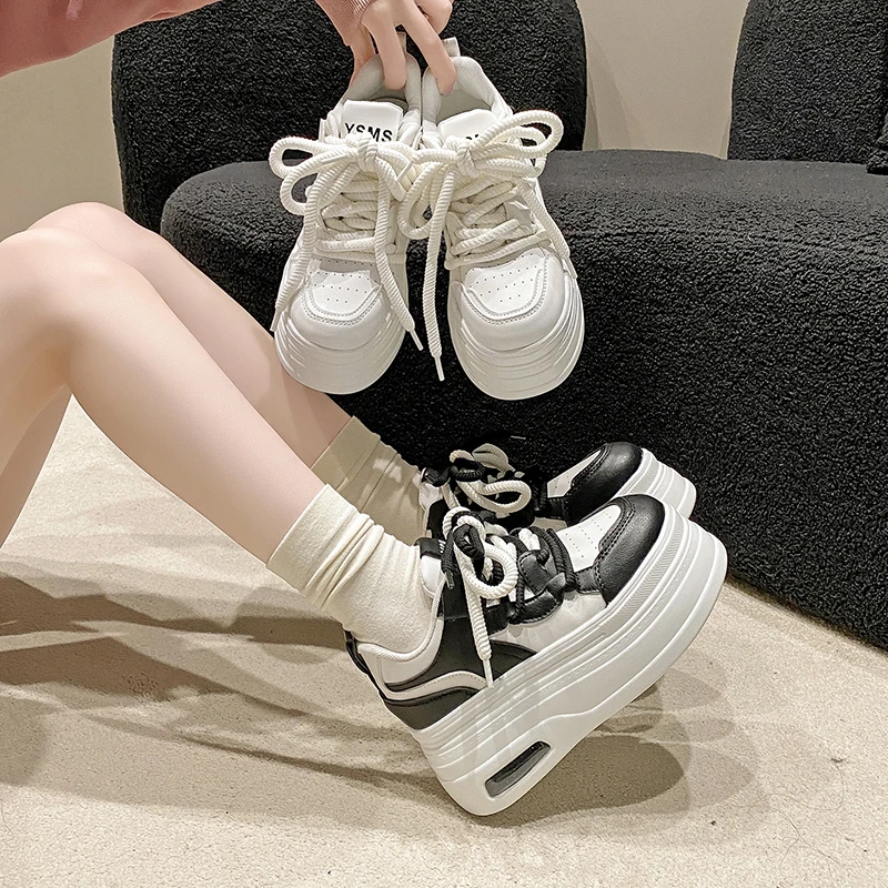 Women Leather Chunky Sneakers Spring Autumn Platform Casual Shoes Lace-up Breathable Sports Shoes Woman Vulcanized Shoes 8.5CM