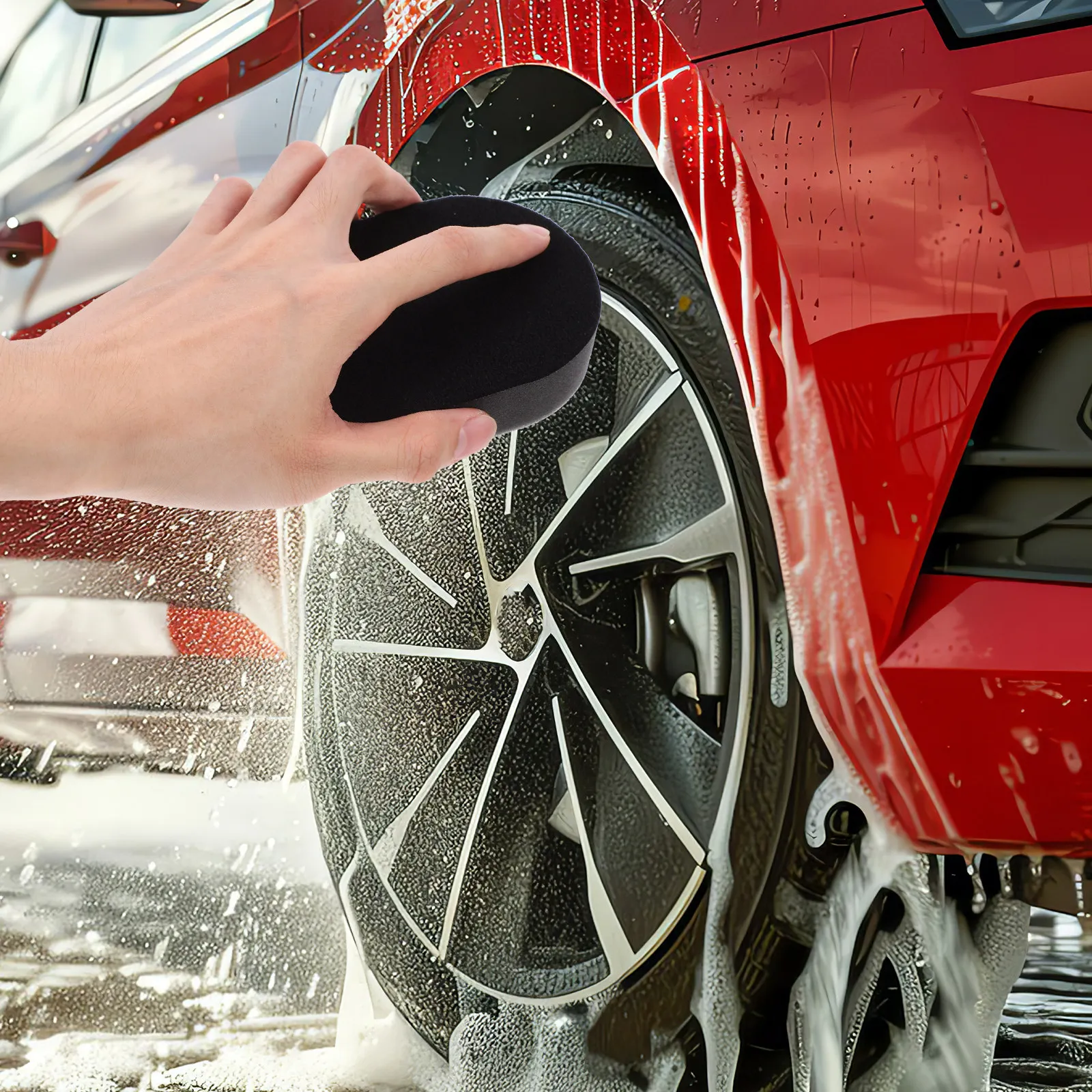 세차용 스펀지 - 교체 가능한 손잡이 디자인, 강력하고 부드러운 스펀지, 림 및 차량 전체 세척에 이상적