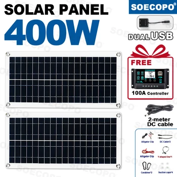 ชุดแผงโซลาร์เซลล์ SOECOPO 400W แบบพับได้ 2 แผง 18V สำหรับตั้งแคมป์ มาพร้อมคอนโทรลเลอร์ 100A ฟรี และพอร์ต USB 5V สำหรับการชาร์จที่ง่ายดาย 1