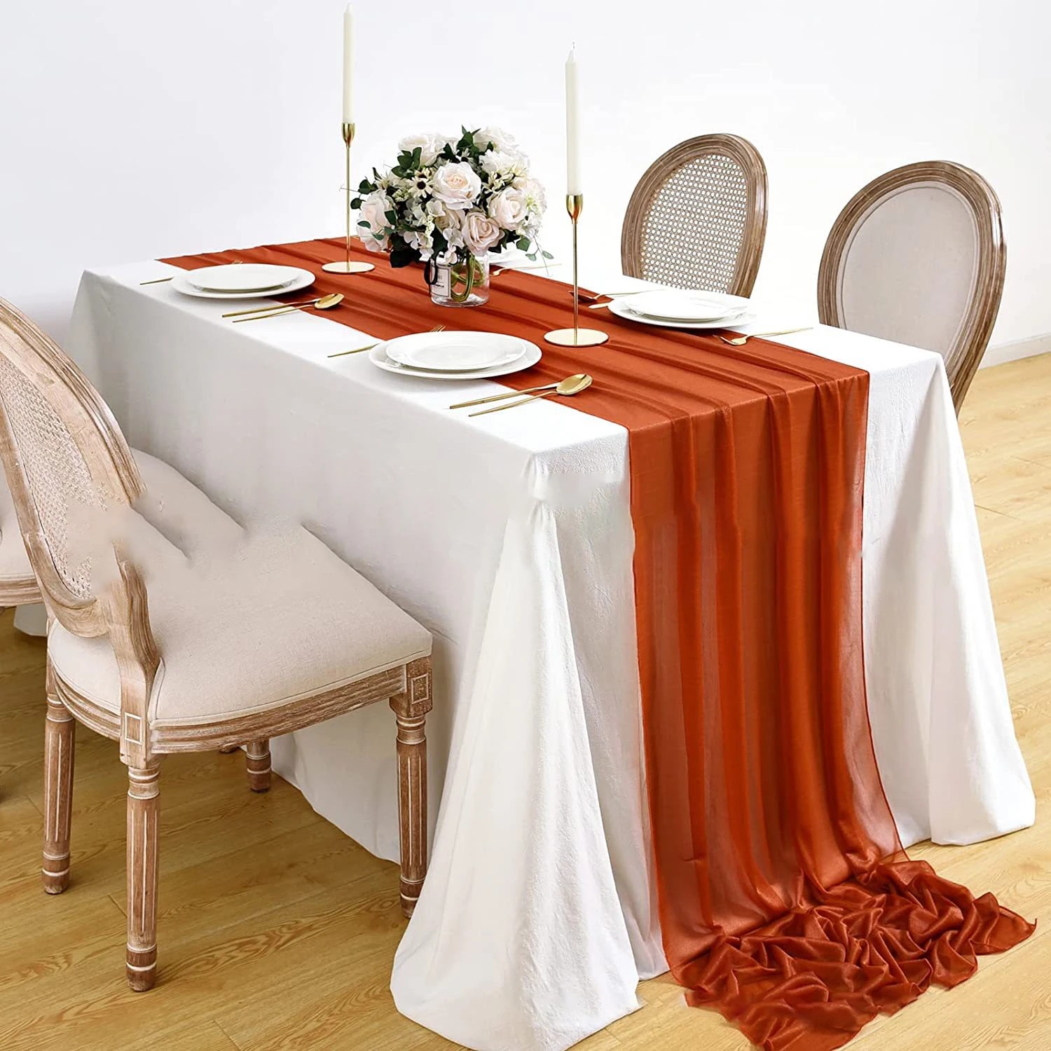 

5pcs Pearl Chiffon Table Runner Wedding Tablecloth Dinning Table Setting Baby Bridal Shower Party Arch Draping Home Decoration