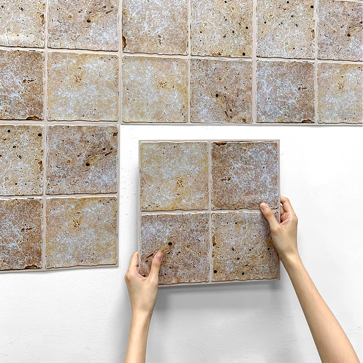 10pcs 3D Beige Faux Stone Peel and Stick Wall Panel Self Adhesive Farmhouse Kitchen Tile Backsplash Waterproof Wall Sticker