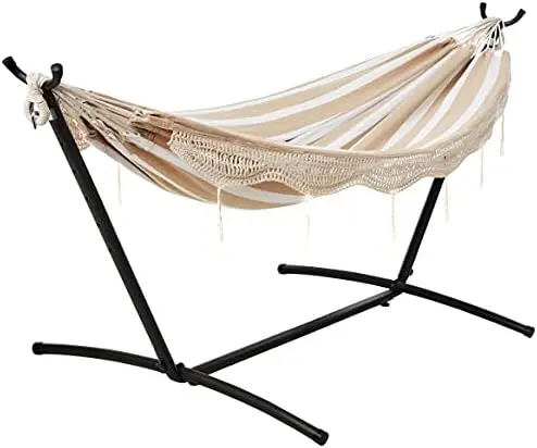 

Double Hammock with 9-Foot Space Saving Steel Stand and Carrying Case, 450 lb Capacity, Oasis Stripe, 110 inches x 47 inches Con