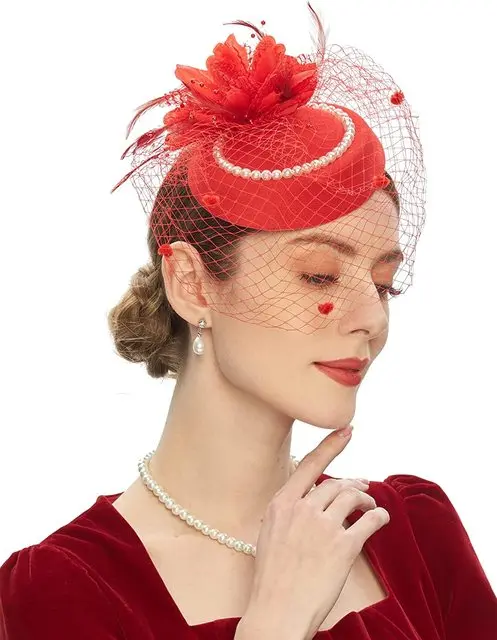 Elegant Pillbox Hats 20s 50s Vintage Pearl Fascinators Hat for Women with Feather Mesh Veil Clip Bridal Wedding Tea Party