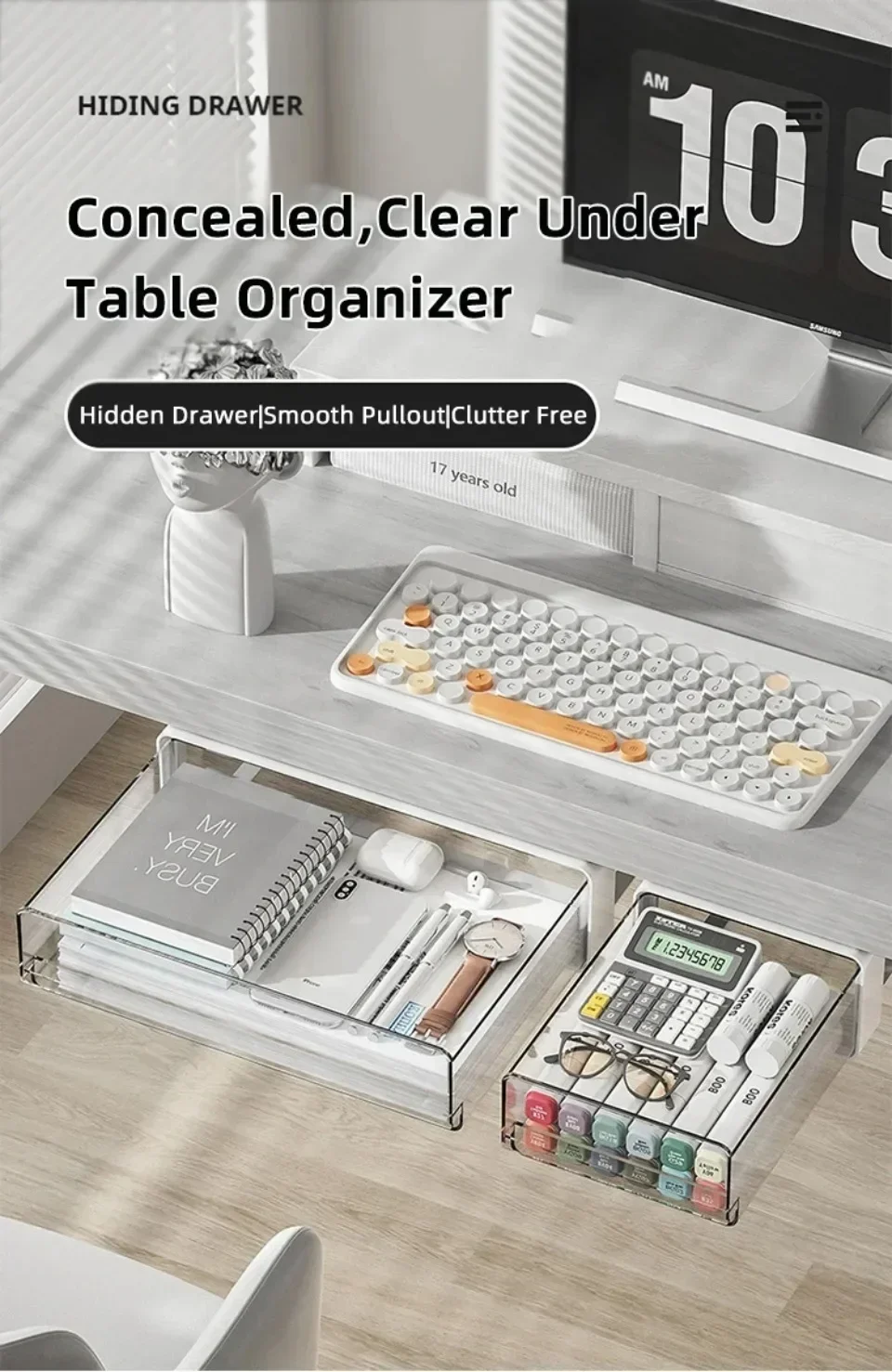 Transparent Drawer Under Desk Organizer Hidden Undertable Household Large Capacity Thick Non Installation Stable Storage Box