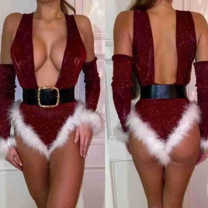 

Santa Claus Lingerie Sexy Christmas Set Underwear Female Bling Bodysuit Feathers Sexy Woman Xmas Rompers Womans Festive Clothing