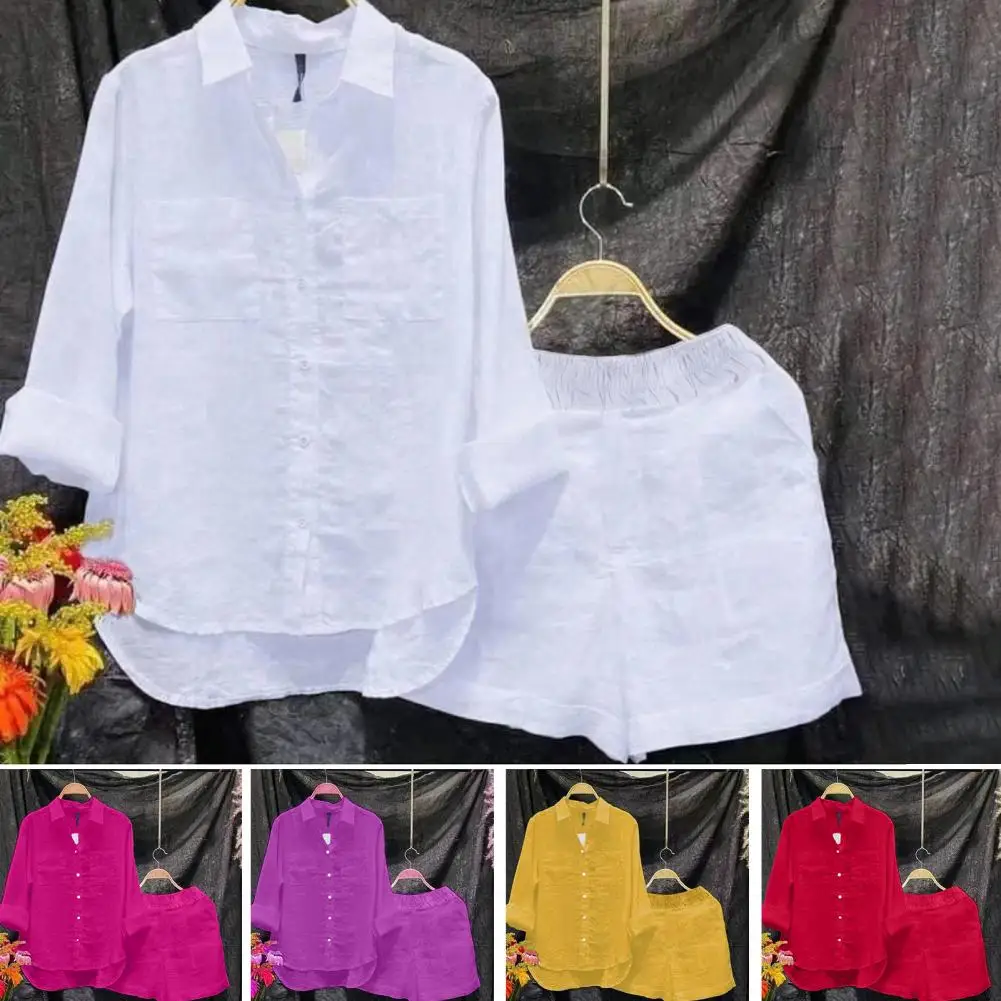 여성용 셔츠 반바지 세트, 루즈 긴팔, 신축성 허리, 캐주얼 여성 가을 용수철 의상, 2 개/세트