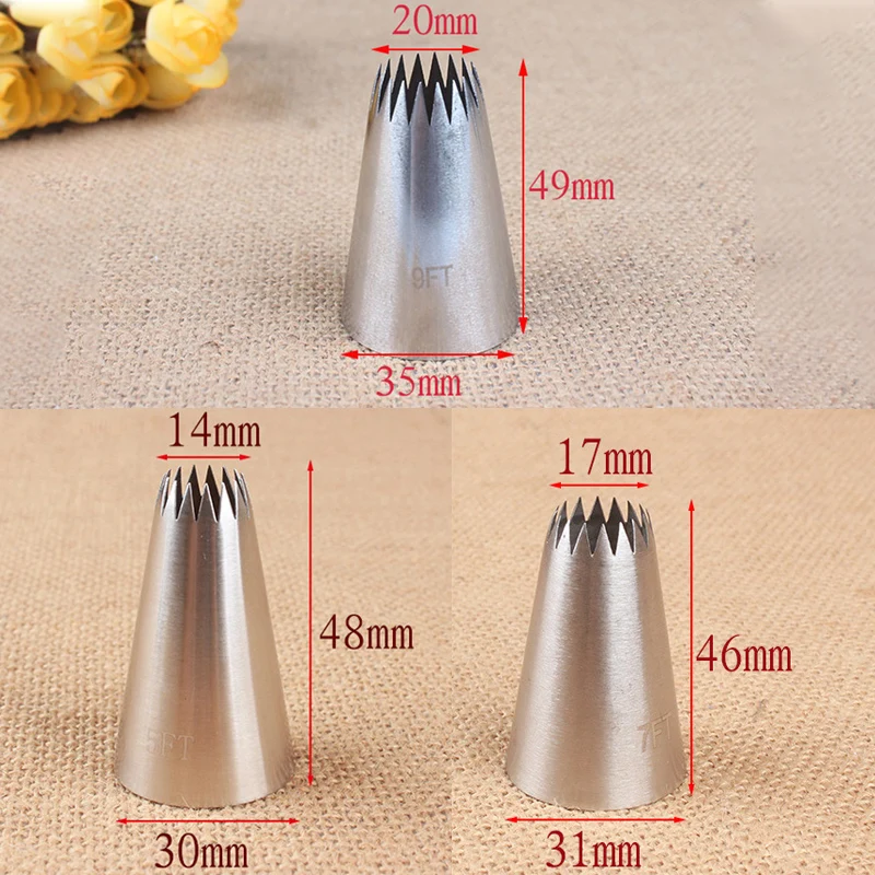 3-Piece Russian Open Star Piping Nozzles Set for Cake and Cupcake Decorating