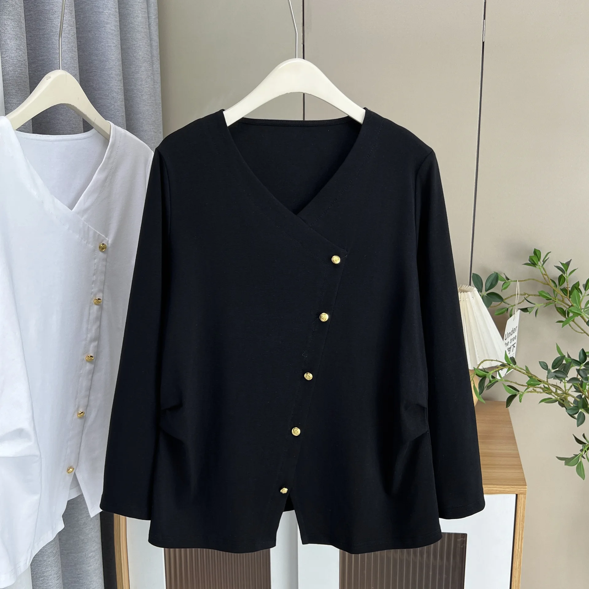 XXXXL Fashion Plus Size Women's T-Shirt New Autumn Elegant Slanted Button Long Sleeved Top 2062