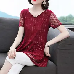 Elegant Women's V - Neck Silk Blend Summer Blouse - XXXL (Claret)