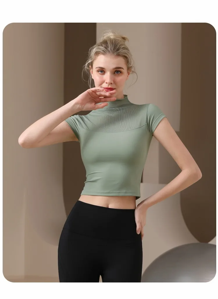 

High collar yoga dress women's T-shirt sexy mesh sports short-sleeved tight slim high spring running fitness shirt