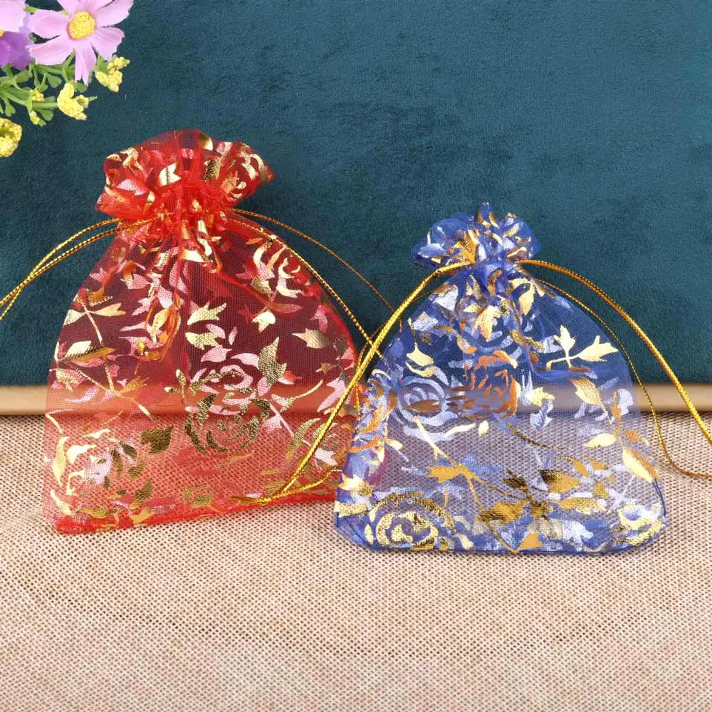 50pcs/lot Organza Drawstring Bag Colorful Hot Gold Color Rose Print Gifts Pouches Wedding Christmas Party Candy Jewelry Packing