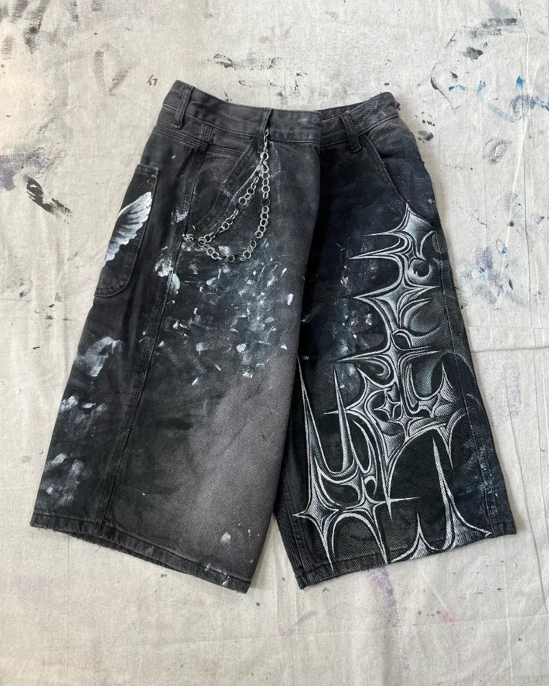 Y2K New Harajuku Fashion Oversized Geometric Print Denim Short Men Vintage Gothic Hip Hop Popular Casual Joker High Waist Shorts denim shorts