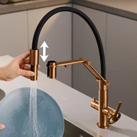 Robinet de cuisine de style îlot en laiton gris pistolet avec pulvérisateur extractible d'eau filtrée. Poignée de remorquage, eau chaude et froide, mélangeur d'évier à 2 fonctions 2