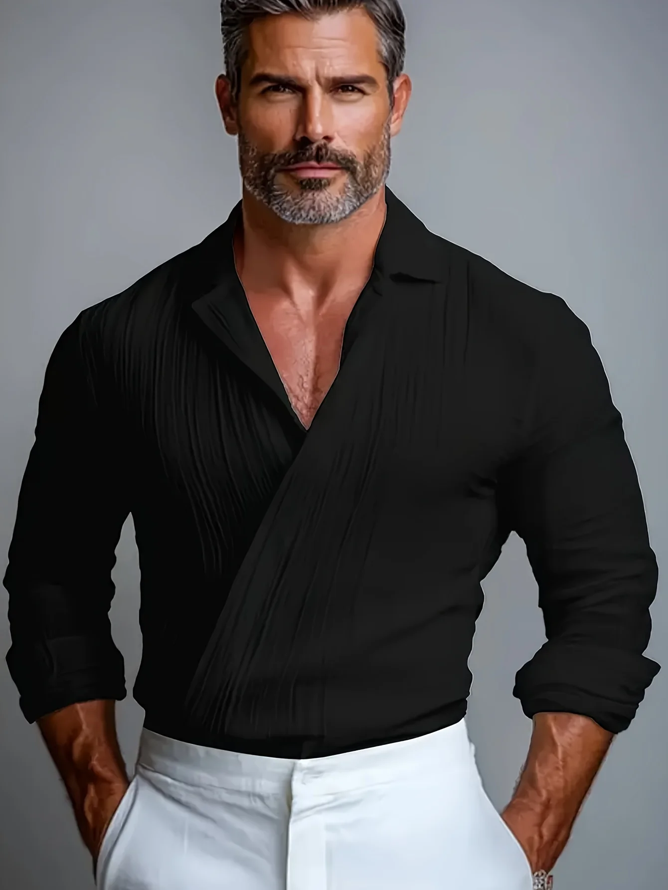 LVLAEA Pleated Textured Shirt Men Autumn Solid Color Long Sleeve Lapel Old Money Style Criss-cross Design Breathable Tated Shirt