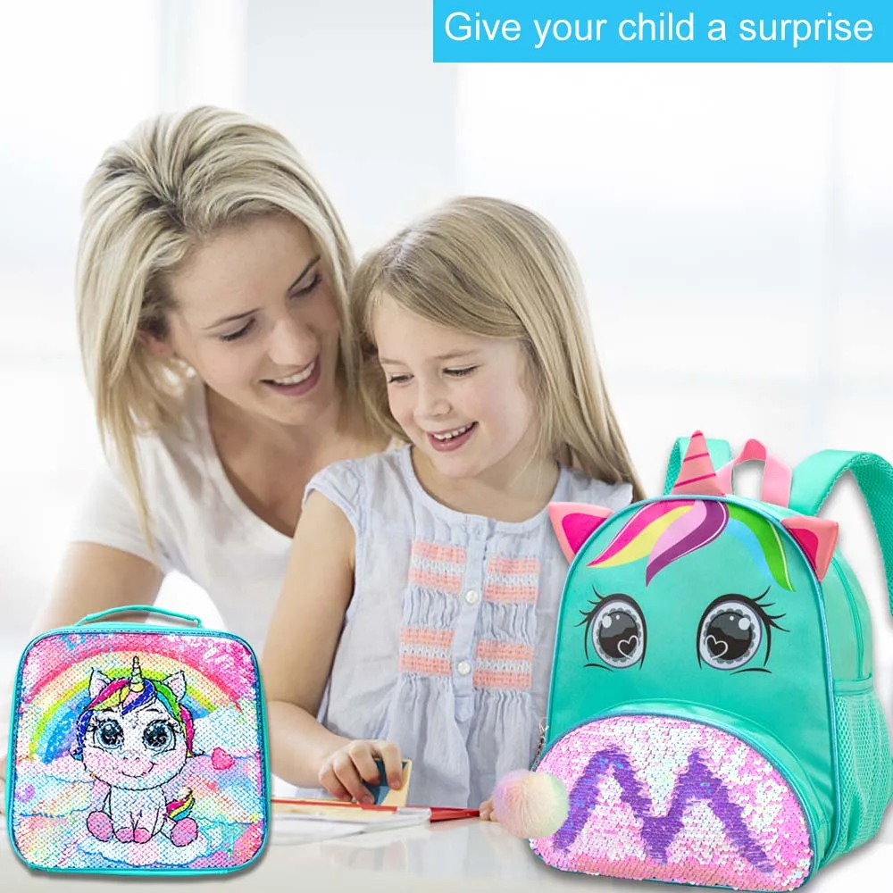 Unicorn Backpack with Lunch Box for Girls ,3pcs Toddler Sequin Preschool Bookbag ,Cute Kindergarten School Bag 6