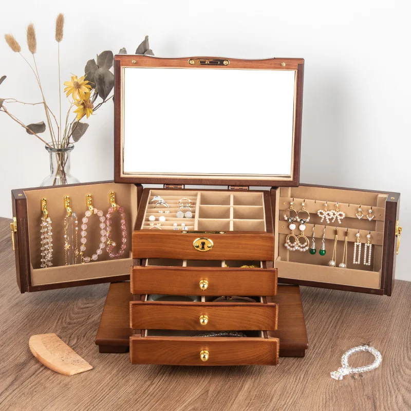 Large Jewelry Box Wood Ring Bracelet Earrings Jewelry Boxes Organizer Drawer Necklace Tray Display Accessories Storage Organizer