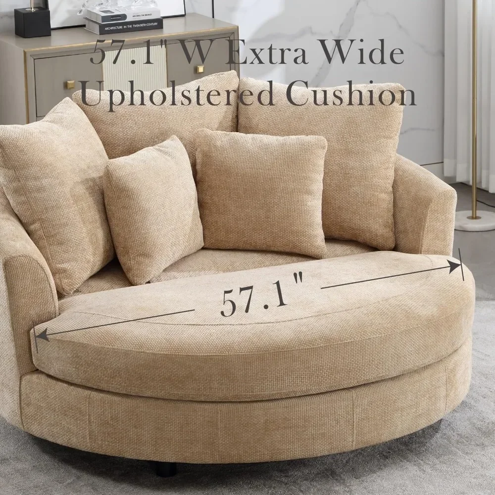 59.8" W Living Room Chair with Ottoman, Wheels, Knitted Chenille, Round Barrel Chairs Set, Extra Large Living Room Chair Set