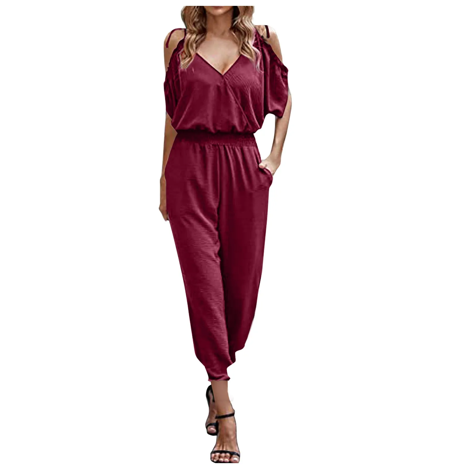 

Women'S V-Neck Strapless Ruffle Casual Five-Part Sleeve Comfort Jumpsuits Jump Suit Bodysuits Romper For Women Jumpsuit Trousers