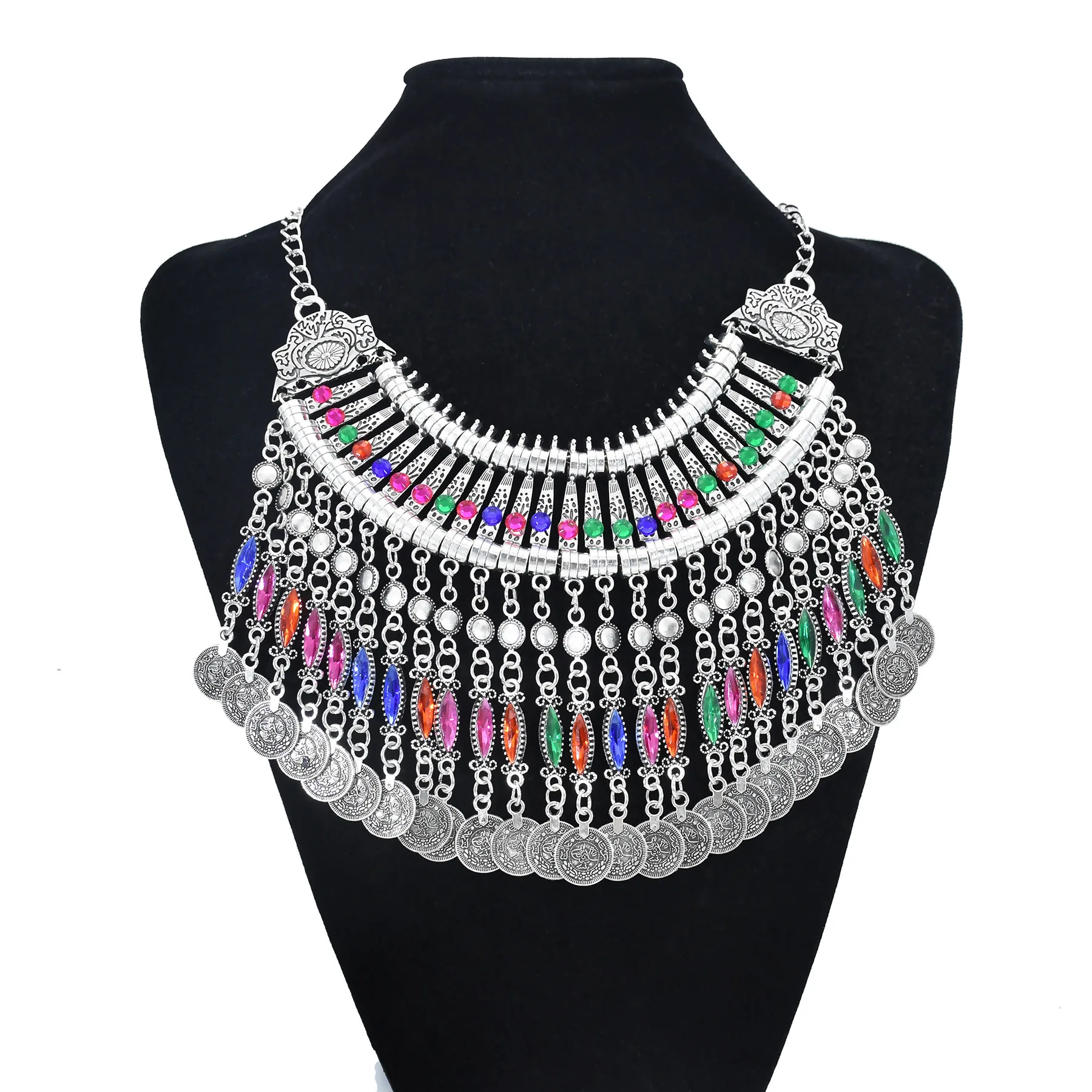 Colorful Crystal Bead Coin Ethnic Choker Necklace Drop Earrings Set For Women Retro Gypsy Afghan Traditional Dress Jewelry Sets