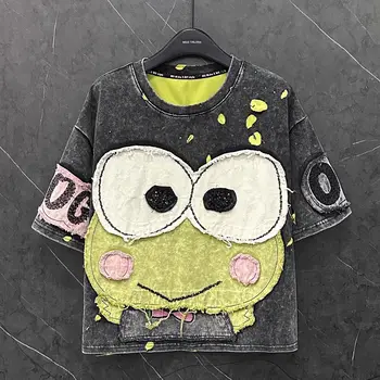 حجم كبير 1XL-4XL المرأة الكرتون المرقعة تي شيرت الصيف موضة المتضخم قمة فضفاضة القطن طاقم الرقبة عادية المرأة تي شيرت 3