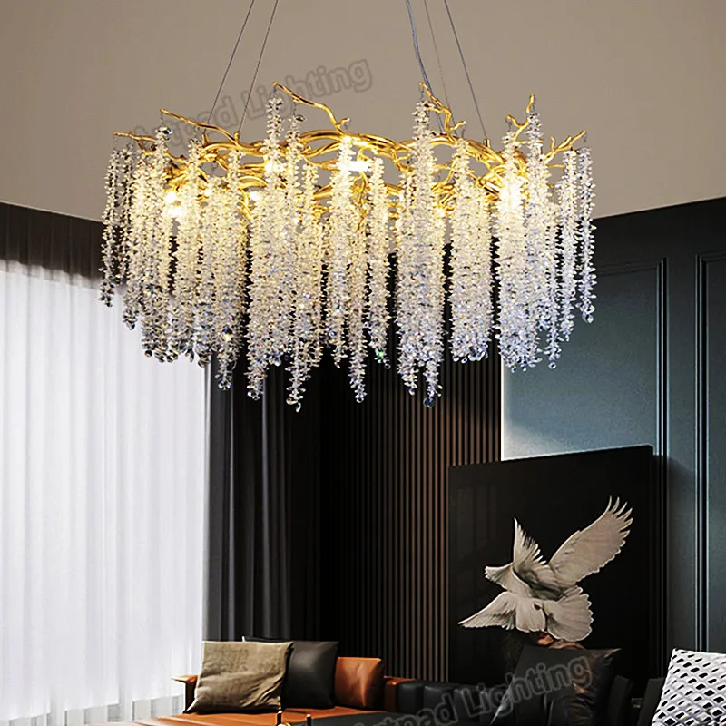 Europe Style Long Ceiling Chandelier Crystal Simple Branch Dining Room Lighting Aluminum Luxury Tassel Glass Round Chandeliers ceiling chandelier
