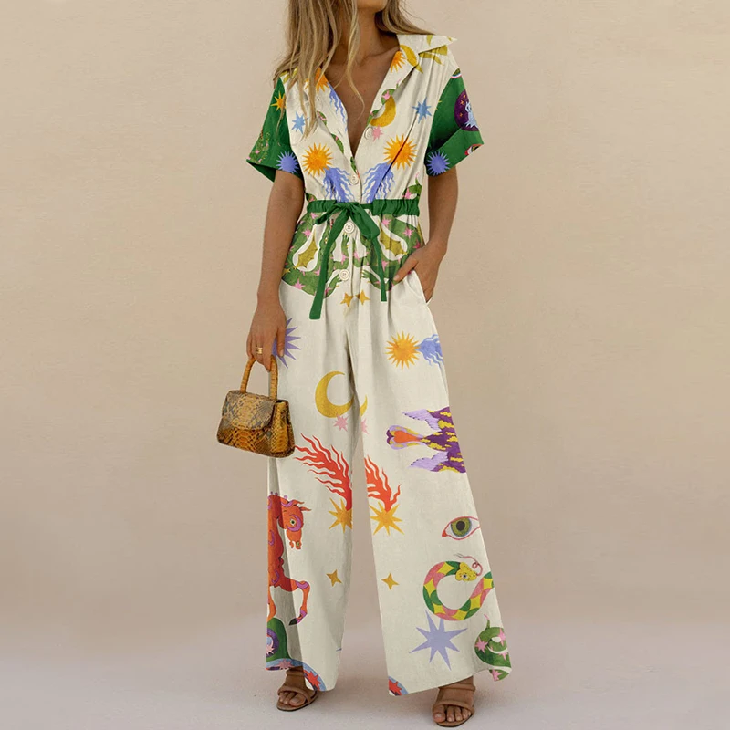 

Female Casual Pattern Print Long Jumpsuits Fashion Lapel Short Sleeve Wide Leg Rompers Summer High Waist Lace-up Straight Pants