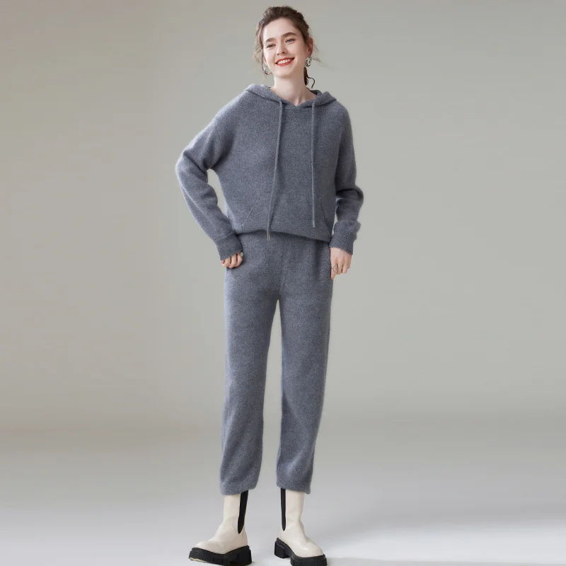 Fashion Woman Suit Autumn Winter 100% Cashmere Knit High Quality Sweater Women Tops And Harem Pants Two-Piece Female Girl Clothe 5