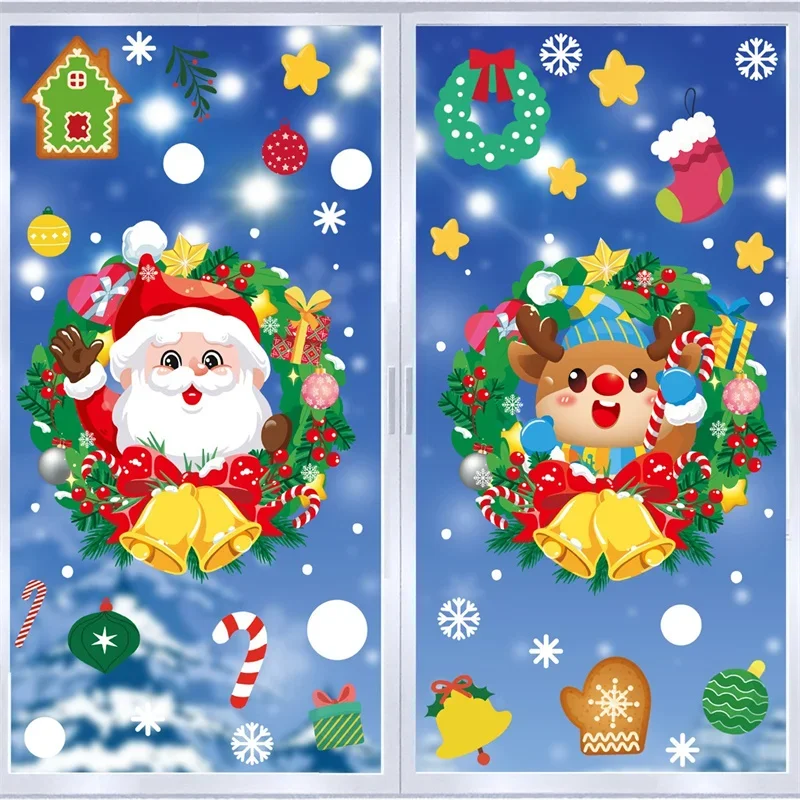 Merry Christmas Window Decoration Stickers Electrostatic Glass Decals Santa Claus Snowman Snow Flake Pattern Xmas Ornaments