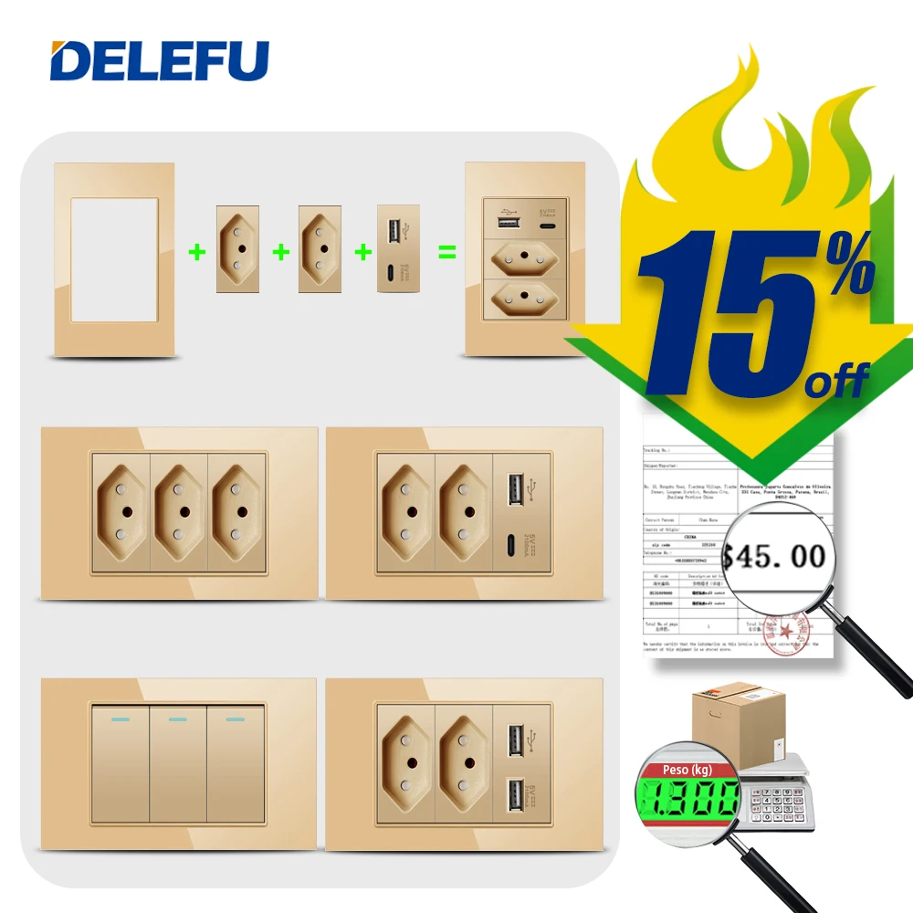 Delefu-pacote de Tomada Padrão Brasil Painel de Vidro Temperado Dourado Usb Tpye-c 3gang Wall Switch Mais Descontos