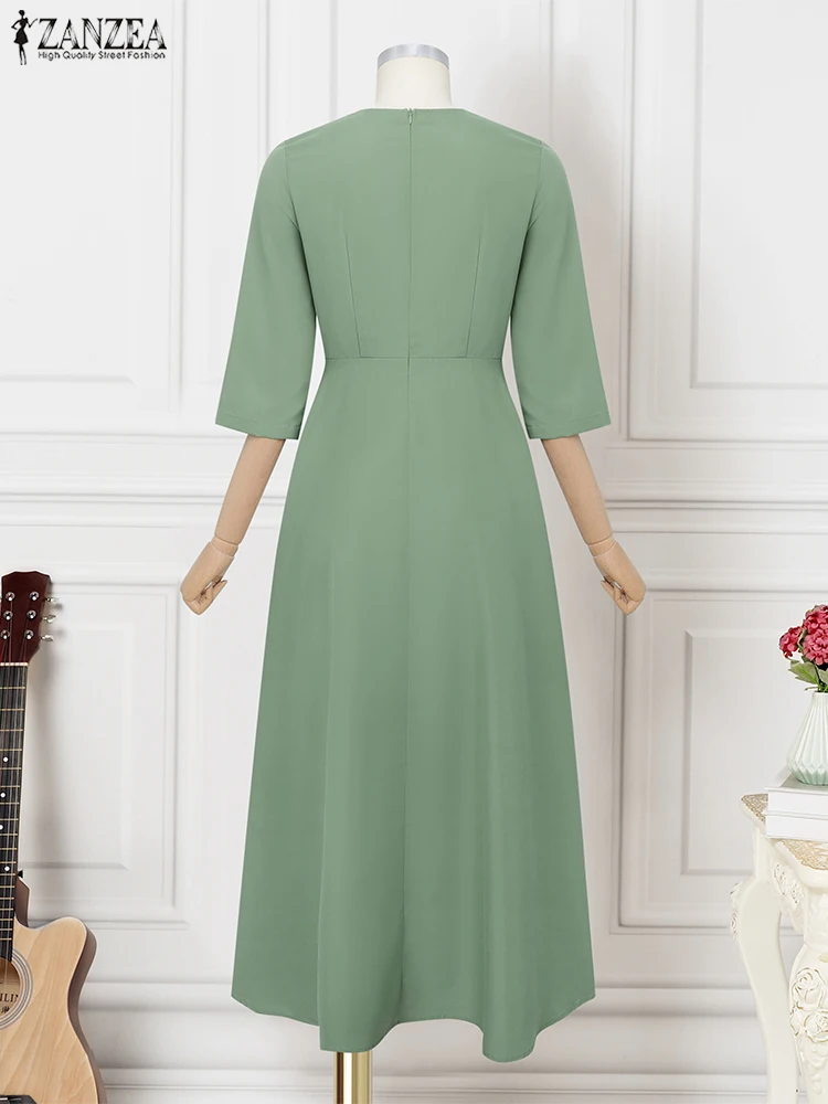 ZANZEA Elegant Maxi Long Dress Women 3/4 Sleeve Office Sundress 2025 Fashion A-Line Party Vestido Solid European Casual Robe 5